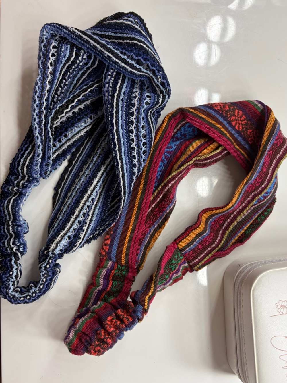 2 Headbands- blue stripes knit and colorful pattern